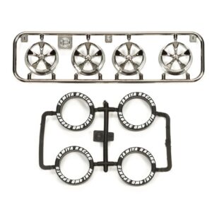 Tamiya TAM95330 Mini 4WD Racer Low-Profile Tire & Black Plated Wheel Set (5 Spoke)